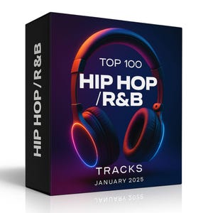 May include: A black box with the text "HIP HOP/R&B" on the side. The front features a pair of headphones with the words "TOP 100 HIP HOP /R&B TRACKS JANUARY 2025". The headphones have red, blue, and orange neon accents against a dark background.