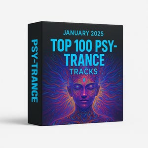 Puede incluir: Una caja de CD negra con el texto "ENERO 2025 TOP 100 PSY-TRANCE TRACKS" en turquesa. La portada presenta una colorida ilustración de una persona con los ojos cerrados y un tercer ojo, con patrones arremolinados en tonos azules, morados y naranjas.