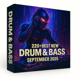Puede incluir: Caja negra con un gráfico de DJ futurista. La imagen presenta una persona con auriculares y el texto "220+ BEST NEW DRUM & BASS SEPTIEMBRE 2025". La columna vertebral de la caja dice "DRUM & BASS" en blanco.