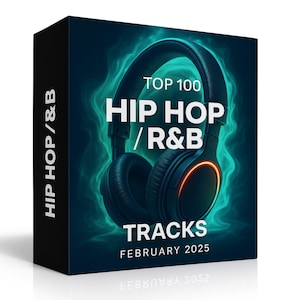 May include: A black box with the text "HIP HOP / R&B" on the side. The front features a pair of headphones with the words "TOP 100 HIP HOP / R&B TRACKS FEBRUARY 2025" in white. The background has a teal and blue gradient.