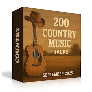 May include: A brown box featuring a country music theme. The box displays a brown acoustic guitar with a cowboy hat on top. Text reads "200 COUNTRY MUSIC TRACKS" and "SEPTEMBER 2025". The word "COUNTRY" is printed vertically on the side.