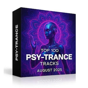 Puede incluir: Caja negra con una mujer futurista y un diseño de mandala púrpura y azul. El texto dice "TOP 100 PSY-TRANCE TRACKS AUGUST 2025" en blanco. El lomo de la caja dice "PSY-TRANCE" en blanco.