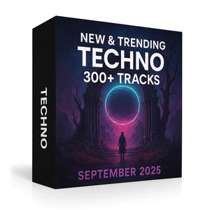 Puede incluir: Una caja negra con las palabras "NEW & TRENDING TECHNO 300+ TRACKS" en blanco. La caja presenta una escena de arte digital con una persona frente a un arco brillante. El texto "SEPTEMBER 2025" está en la parte inferior. La palabra "TECHNO" está impresa verticalmente en el lateral.
