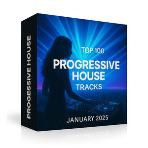 Può includere: Una scatola nera con la scritta "PROGRESSIVE HOUSE" sul lato e una grafica blu e bianca sul davanti. La grafica frontale presenta una silhouette di DJ, le parole "TOP 100 PROGRESSIVE HOUSE TRACKS" e "GENNAIO 2025".