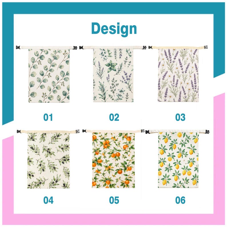 May include: Six rectangular fabric bags with roll-top closures and black plastic buckles, labeled 01 through 06. Patterns include green eucalyptus leaves, mixed herbs, purple lavender, green olives, orange citrus fruit, and yellow lemons on white.
