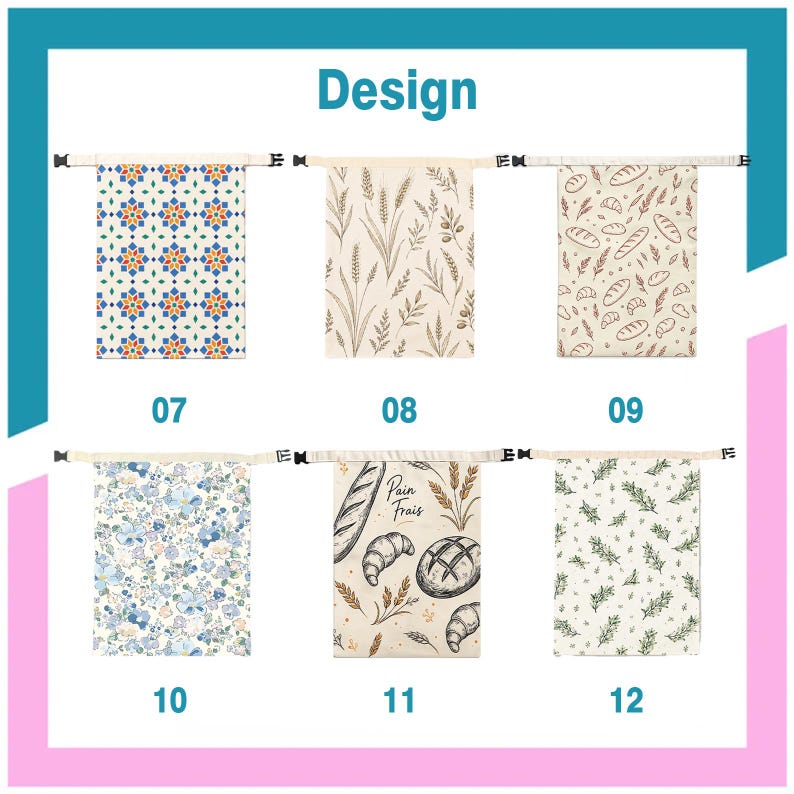 May include: Six rectangular fabric bags with roll-top closures and black plastic buckles, labeled 07 through 12. Designs include geometric tiles, wheat stalks, bread patterns, blue floral prints, a loaf with the text Pain Frais, and green sprigs.