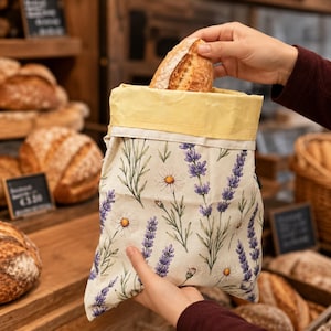 May include: A fabric bread bag featuring a cream-colored base with a botanical print of purple lavender sprigs and white daisies. The bag has a solid yellow top cuff and is shown being filled with a crusty loaf of bread in a bakery setting.