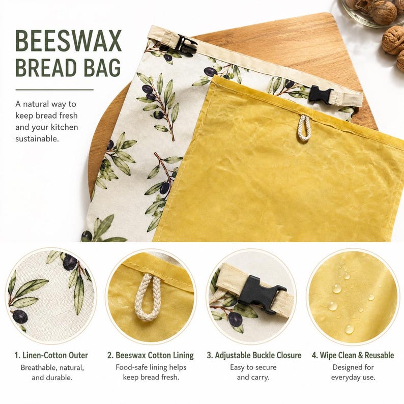 May include: A beeswax bread bag featuring an off-white exterior with a green olive branch pattern and a solid yellow interior lining. The bag includes an adjustable black buckle closure and a small hanging loop. Text on the image reads BEESWAX BREAD BAG.