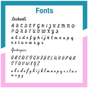 May include: A white chart displaying two font styles labeled Fonts. The first section, Leckerli, shows the uppercase and lowercase alphabet in a black cursive script. The second section, Yesteryear, shows the uppercase and lowercase alphabet in a black slanted cursive script.