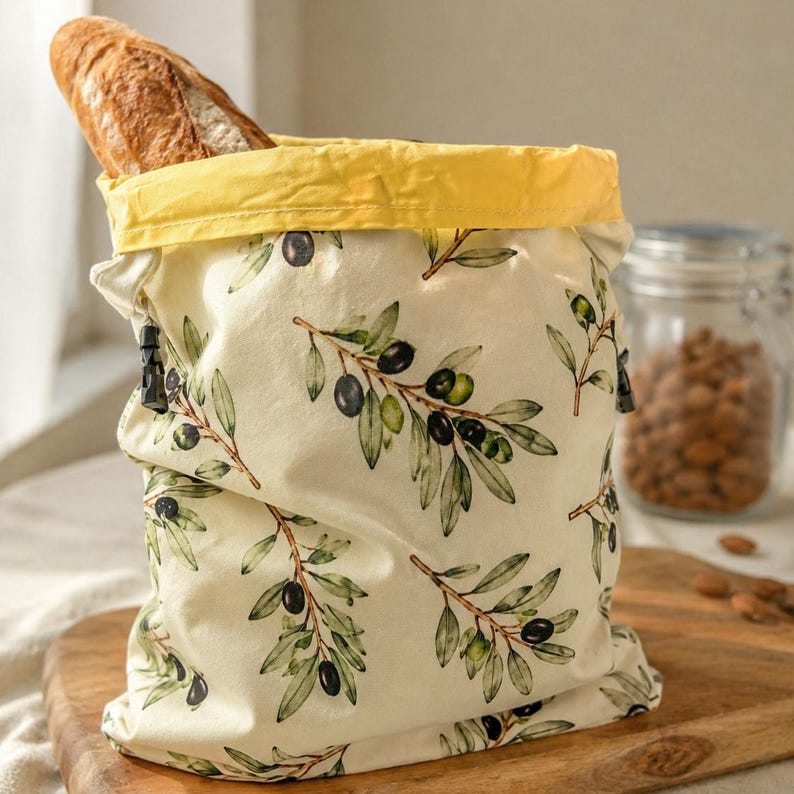 May include: A fabric bread bag with a cream background featuring a green and black olive branch pattern. The bag has a bright yellow top cuff and black drawstring toggles on the sides. A crusty baguette is tucked inside the open top of the bag.