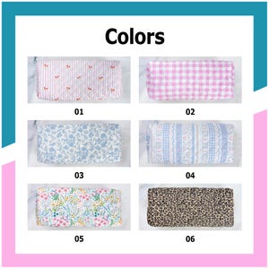 May include: An image showcasing six rectangular fabric items in various colors and patterns. The items include a pink and white striped design with cherries, a pink gingham pattern, a blue floral print, a blue and white patterned design, a floral print, and a leopard print.