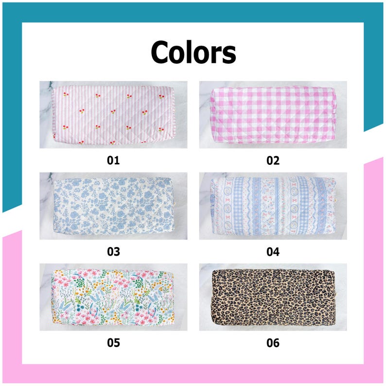 May include: An image showcasing six rectangular fabric items in various colors and patterns. The items include a pink and white striped design with cherries, a pink gingham pattern, a blue floral print, a blue and white patterned design, a floral print, and a leopard print.