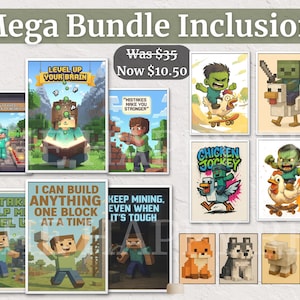 Minecraft-Inspired Wall Art Mega Bundle| 14 Posters (Growth Mindset Chicken Jockey | Pixel Animals | Kids Bedroom | Game Room Decor PNG