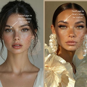 May include: Two portraits of women with detailed makeup. The first woman has dark hair and freckles, with a soft floral design overlay. The second woman has light skin, green eyes, and large floral earrings. Both images highlight realistic beauty techniques.