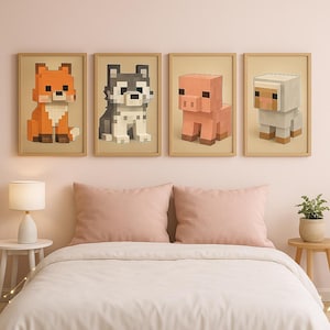 Minecraft-inspired Pixel Art Set (4): Fox, Husky, Pig, Sheep Prints. Gaming Wall Decor. Teen Gaming Poster Cosy Bedroom Set.Digital Download