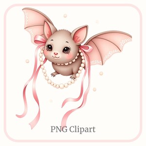 Coquette Halloween Bat PNG Pastel Pink Kawaii Bat with Silky Bow Roses & Pearls |Cute Spooky Clipart|Transparent Background Digital Download