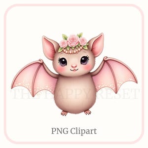 Halloween Bat Aesthetic PNG Pastel Pink Kawaii Bat with Silky Bow Roses & Pearls |Cute Spooky Clipart| Coquette Cute Digital Download