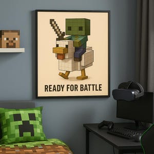 Póster divertido de Chicken Jockey inspirado en Minecraft / Divertido zombi montando pollo / Descarga digital / Arte novedoso para videojuegos. Dormitorios y gamers