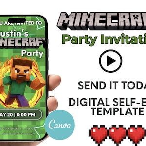 Pixel Birthday Invitation | Animated Video Digital Invite | Editable Party Download | Creeper Gamer Theme for Kids Birthday