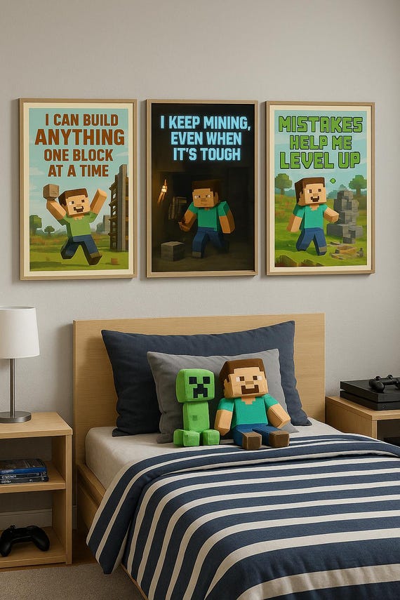 Minecraft-inspired Growth Mindset Poster Set - 3 Motivational Prints for Kids| Gamer Room Decor |Science-Backed Visual Learning Tool -Bundle