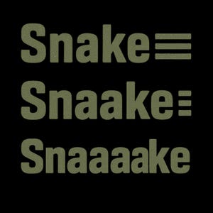 May include: Black background with the word "Snake" in olive green, followed by three horizontal lines. Below, the word "Snaaake" with three horizontal lines. At the bottom, the word "Snaaaake".