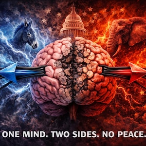 May include: Digital artwork depicting a brain split in two, with a donkey and an elephant representing opposing sides. The background features stormy skies and fiery clouds. Text reads: ONE MIND. TWO SIDES. NO PEACE.