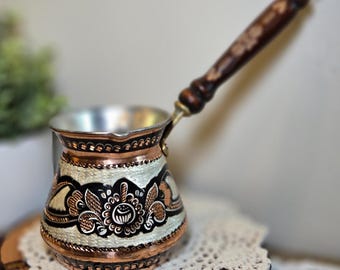 Handmade Engraved Copper Turkish Coffee Pot | Wooden Handle