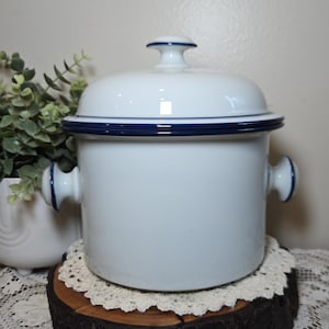 May include: White enamelware pot with a lid and blue trim. The pot has two side handles and a lid handle. The pot is sitting on a wooden slice with a cream-colored doily. A white planter with greenery is in the background.