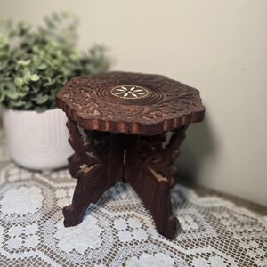 Vintage Teak Plant Stand from India | Hand-Carved Boho Accent Stool | Floral Carving & Bone Inlay