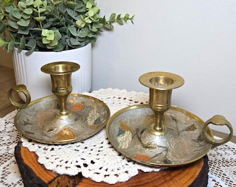 Vintage Brass Chamber Candle Holders – Enamel Floral & Bird Design (Set of 2)