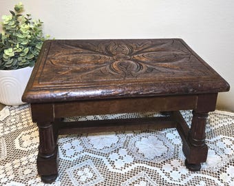 Antique Victorian Hand-Carved Oak Footstool | English Kettle Stand | Circa 1880s