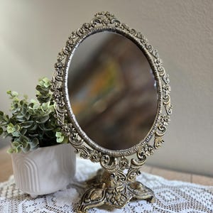 Vintage Ornate Brass Oval Vanity Mirror – Victorian Style – Tilting Stand