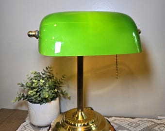 Vintage Bankers Desk Lamp | Green Glass Shade | Pull Chain Brass Lamp