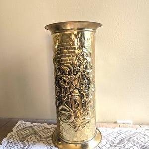 Vintage Brass English Bar Scene Umbrella Stand – Cane Holder, Made in England