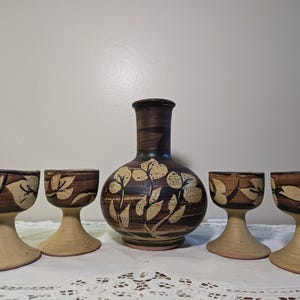 Vintage Pacific Stoneware Studio Vase and 4 Wine Pottery Goblets by Bennet Welsh, B Welsh 1972 Pottery