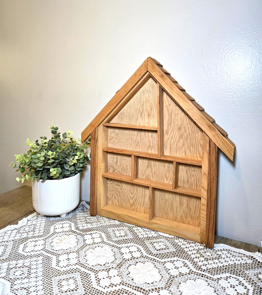 Vintage Wooden House Curio Shelf | House-shaped Trinket Display ...