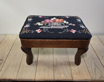 Antique Needlepoint Embroidered Footstool – Floral Design