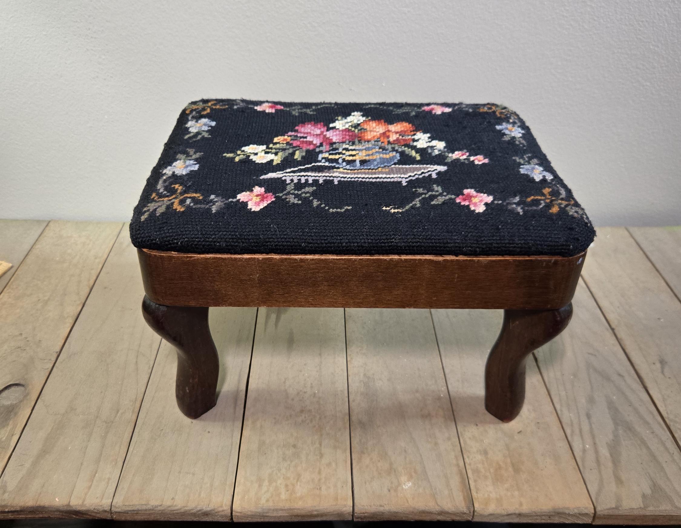 Antique Needlepoint Embroidered Footstool – Floral Design