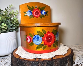 Vintage Hand-Painted Wooden Salt Box | European Wall Hanging Container | Folk Art Floral Decor