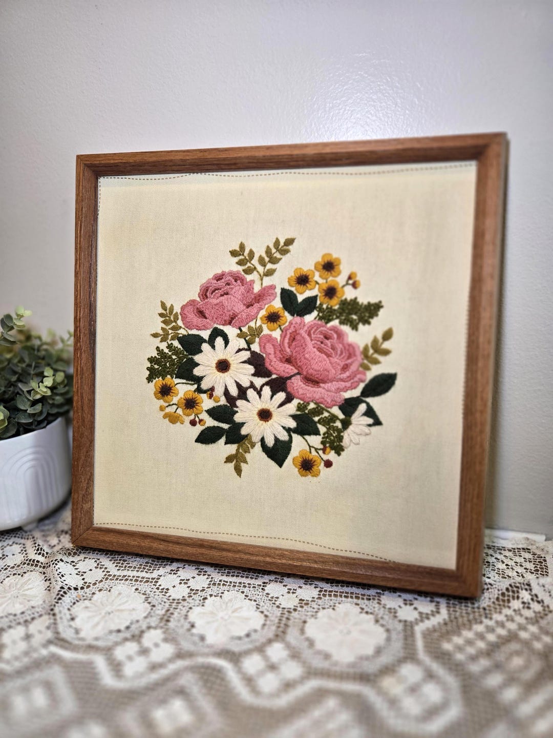 Vintage Crewel Embroidery Wall Hanging | Pink Roses, Wood Frame - Etsy