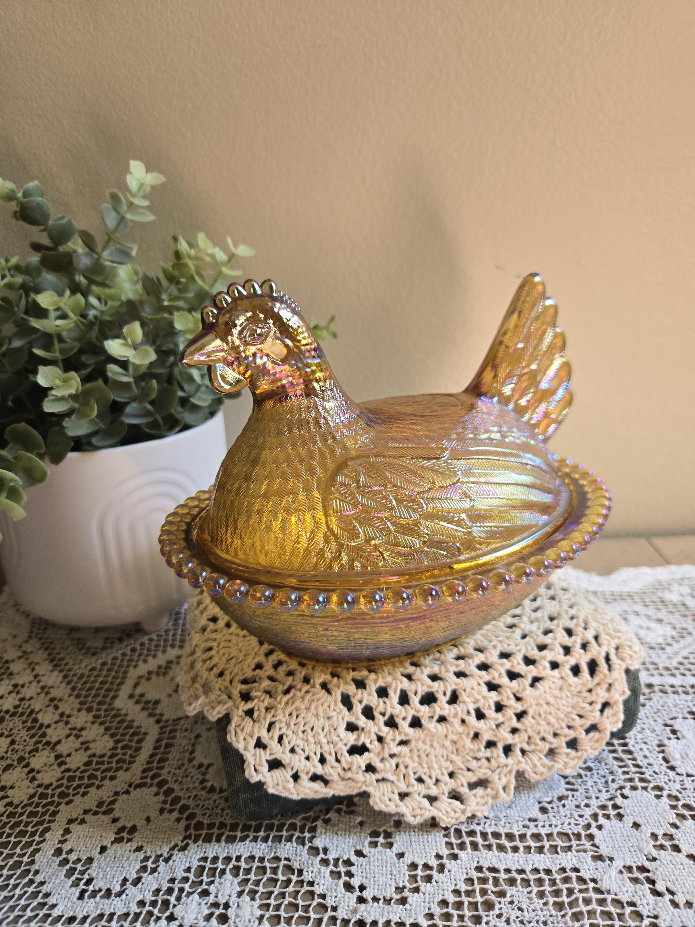 Indiana Glass Hen on a Nest Covered Dish – Carnival Amber
