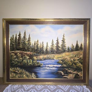 Beautiful Vintage River and Forest Landscape - Original Acrylic Painting - Signed and Dated 1973 - Framed