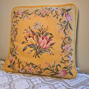 Vintage Floral Needlepoint Pillow: Golden Chartreuse Velvet Back (13x13