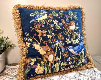 Vintage Wm. Briggs Wildlife Embroidered Cushion – Velvet Back & Fringe Trim