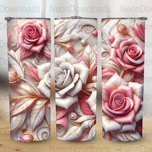 Seamless 3D Pink and White Rose Floral 20 oz Skinny Tumbler Sublimation Design Digital Download PNG, Flowers Tumbler Wrap