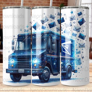 Modèle sans couture de sublimation d'enveloppe de gobelet maigre de 20 oz d'employé des postes, collage de timbre de lettre de facteur mignon, téléchargement numérique PNG