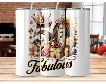 Vaso Fifty and Fabulous PNG, envoltorio para vaso de 50 cumpleaños, diseño vintage de diamante, vaso delgado de sublimación de 20 oz