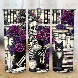 Book Lover Skeleton Tumbler Wrap, Bookish Tumbler Design, Reading PNG, 20oz Skinny Tumbler Sublimation Design, Instant Digital Download