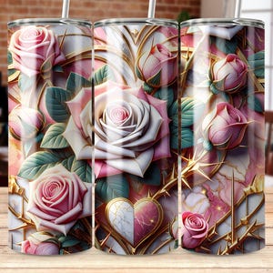 Seamless 3D Pink and White Roses 20oz Skinny Tumbler Wrap, Floral Tumbler Template, Sublimation Design PNG Digital Download