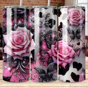 Pink Roses Cow 20oz Skinny Tumbler Sublimation Design, Cow Print Glitter Digital Download PNG Tumbler Wrap Png, Instant Download